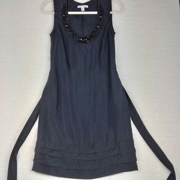 Banana Republic Dress XS Black 100% Silk Sleeveless Beaded Neck Belted Sheath - Picture 3 of 11